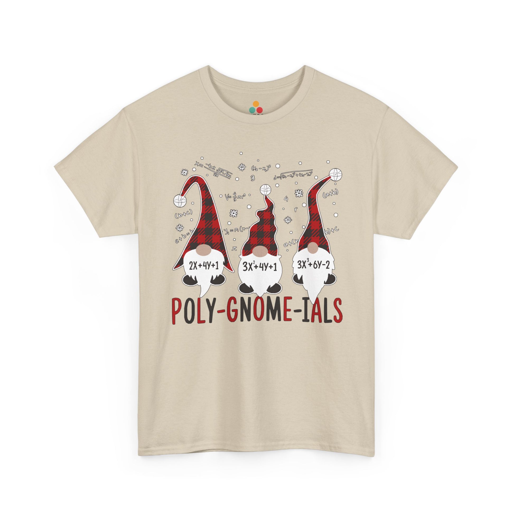 TEEZOCA cream "Poly-Gnome-ials" funny math gnome graphic t-shirt shown flat.