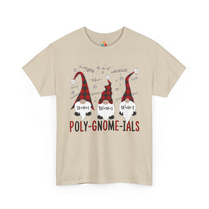 TEEZOCA cream "Poly-Gnome-ials" funny math gnome graphic t-shirt shown flat.