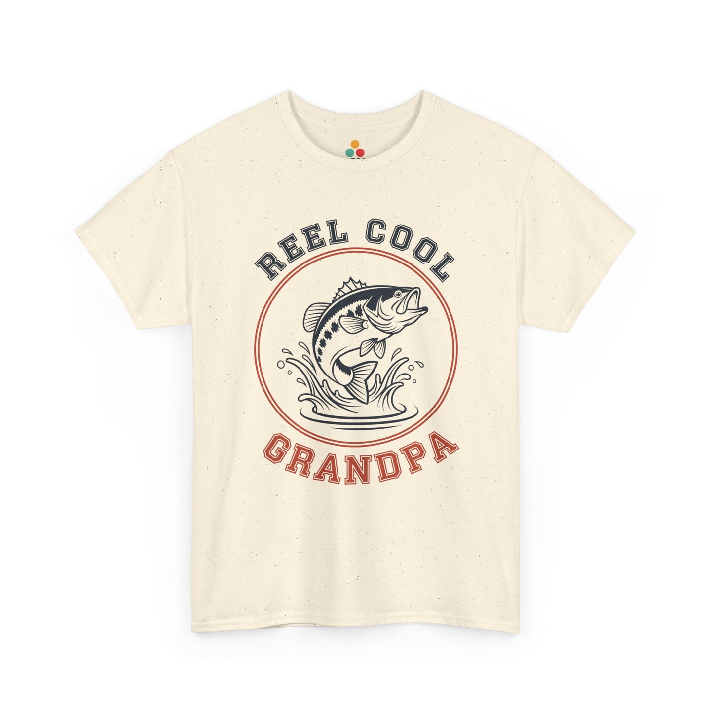 TEEZOCA cream “Reel Cool Grandpa” circular fishing logo t-shirt shown flat.

