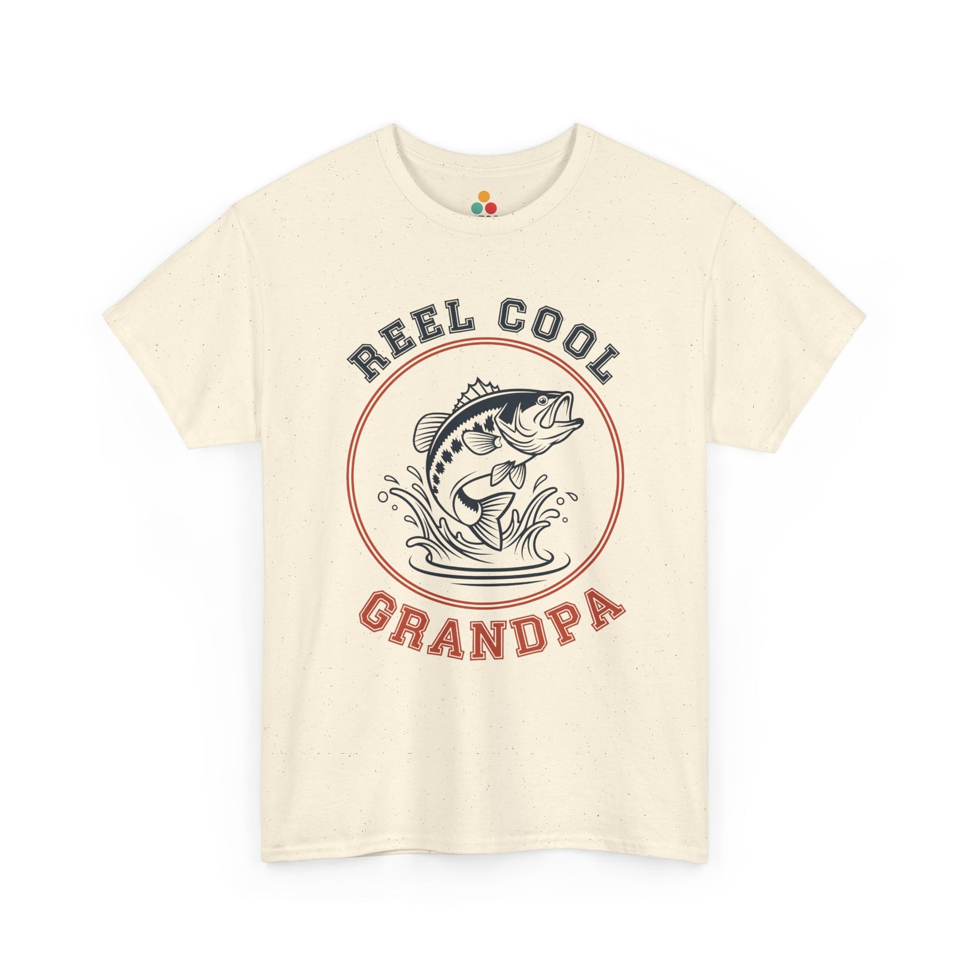 TEEZOCA cream “Reel Cool Grandpa” circular fishing logo t-shirt shown flat.
