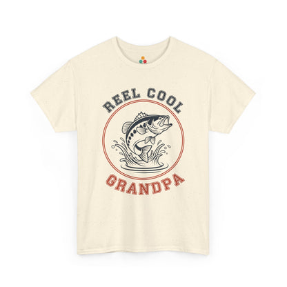 TEEZOCA cream “Reel Cool Grandpa” circular fishing logo t-shirt shown flat.
