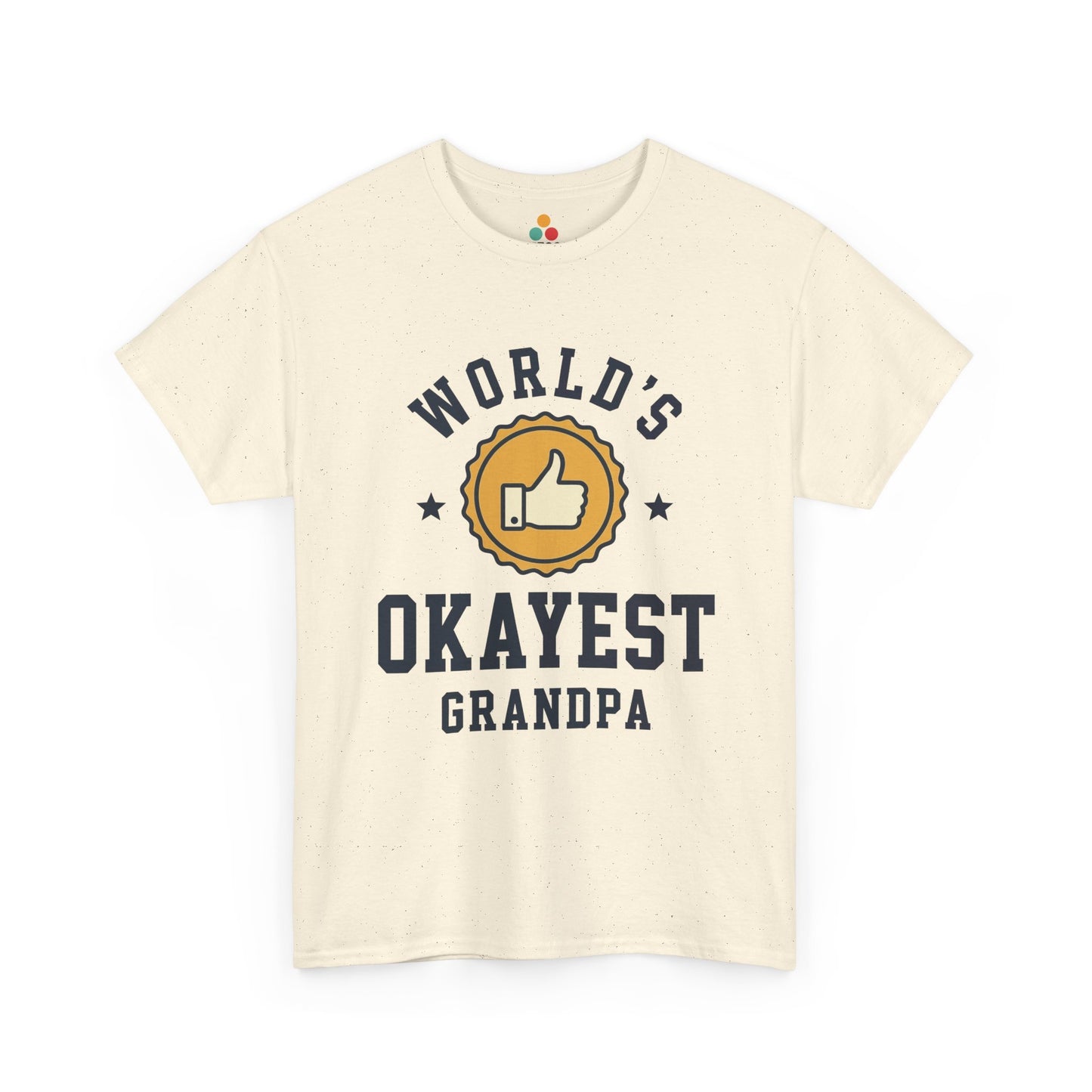TEEZOCA cream “World’s Okayest Grandpa” thumbs up emblem t-shirt shown flat.