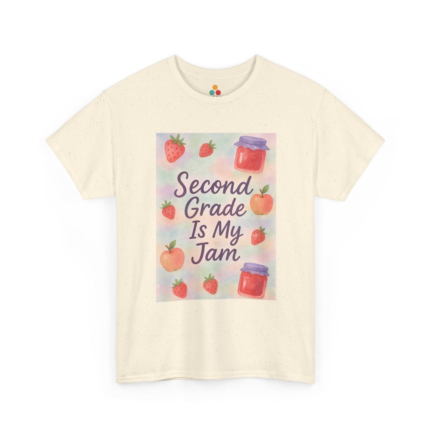 TEEZOCA cream ivory cotton T-shirt showcasing the soft watercolor jam jar and apple layout.