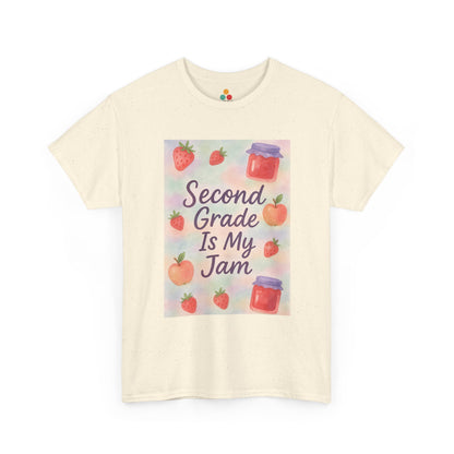 TEEZOCA cream ivory cotton T-shirt showcasing the soft watercolor jam jar and apple layout.