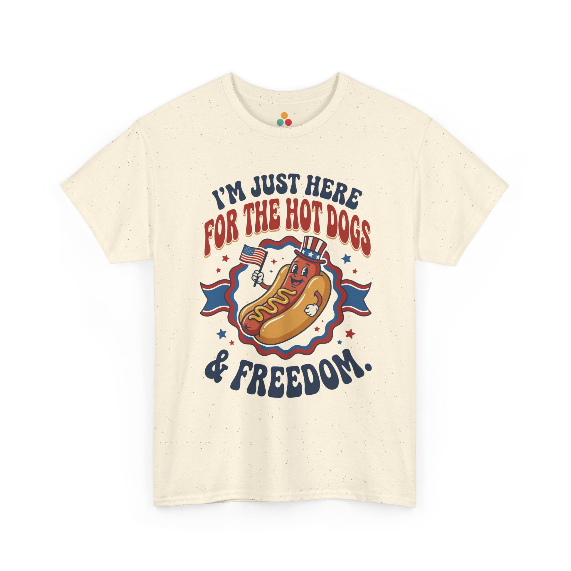 TEEZOCA cream ivory cotton t-shirt decorated with the festive red and blue 4th of july design
