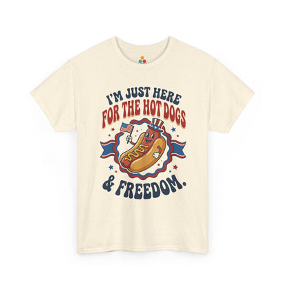 TEEZOCA cream ivory cotton t-shirt decorated with the festive red and blue 4th of july design