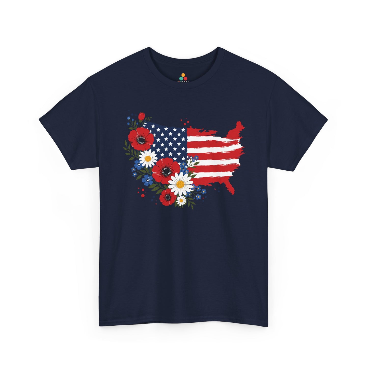TEEZOCA cute 4th of july shirt women t-shirt showing a floral American flag t shirt look with USA map and red blue details.
