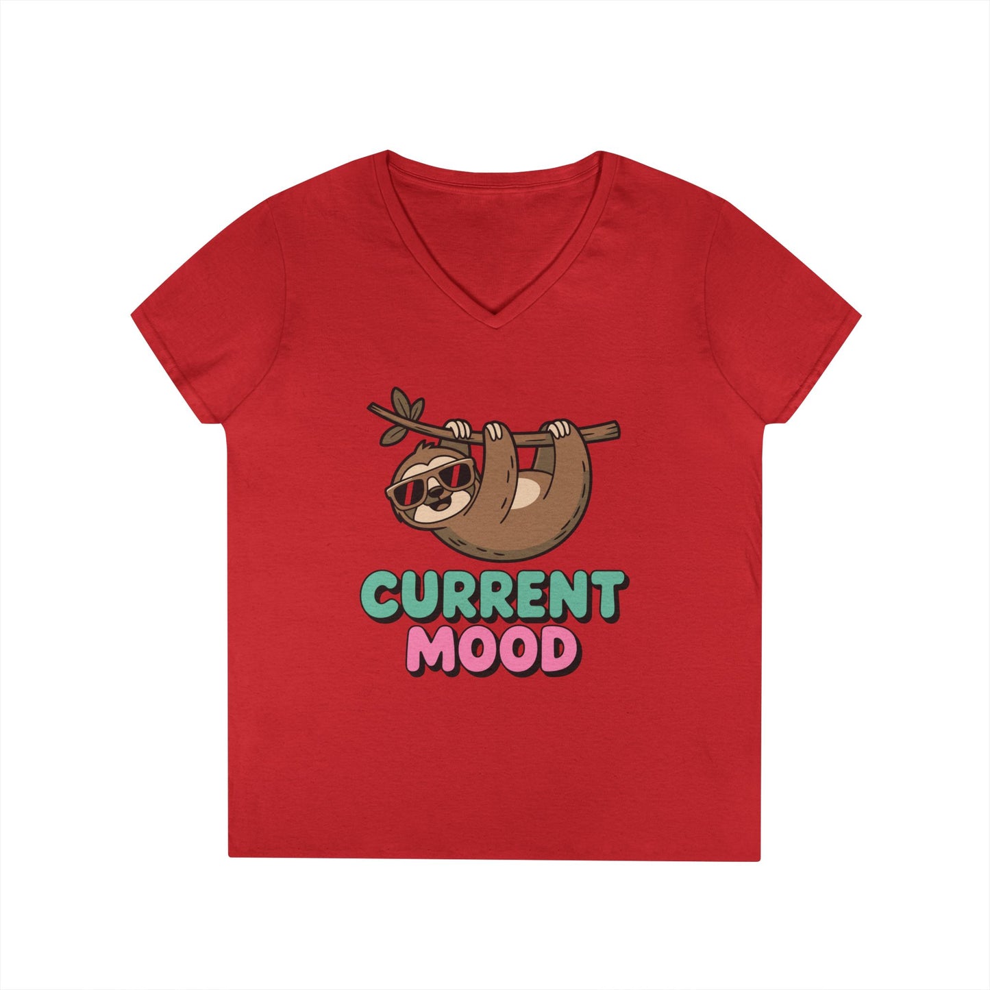 Cute Sloth Graphic V-Neck T-Shirt for Women with Chill Current Mood Vibes | TEEZOCA 