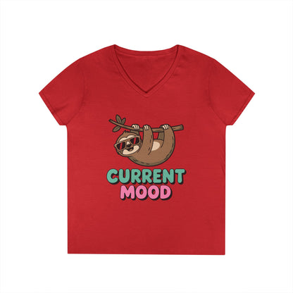 Cute Sloth Graphic V-Neck T-Shirt for Women with Chill Current Mood Vibes | TEEZOCA 