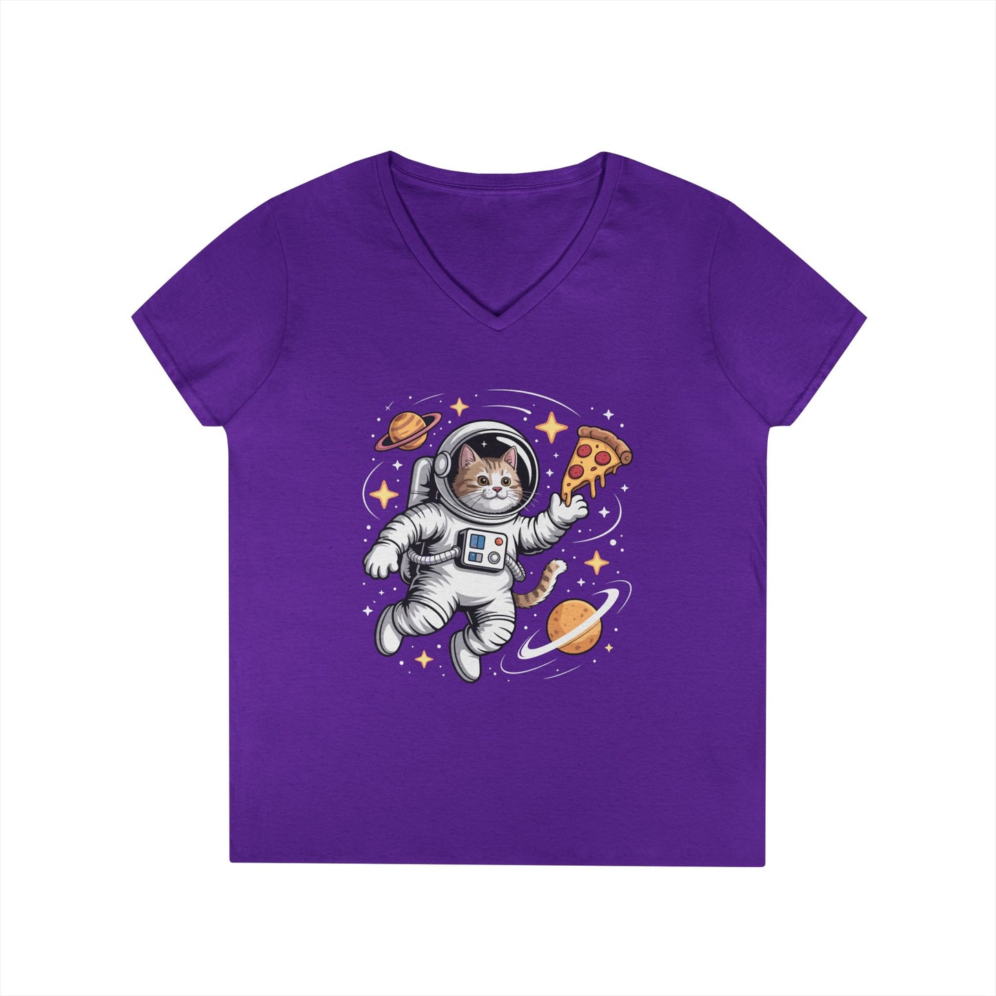 Astronaut Cat Pizza Space Vibes V-Neck T-Shirt for Women | TEEZOCA 