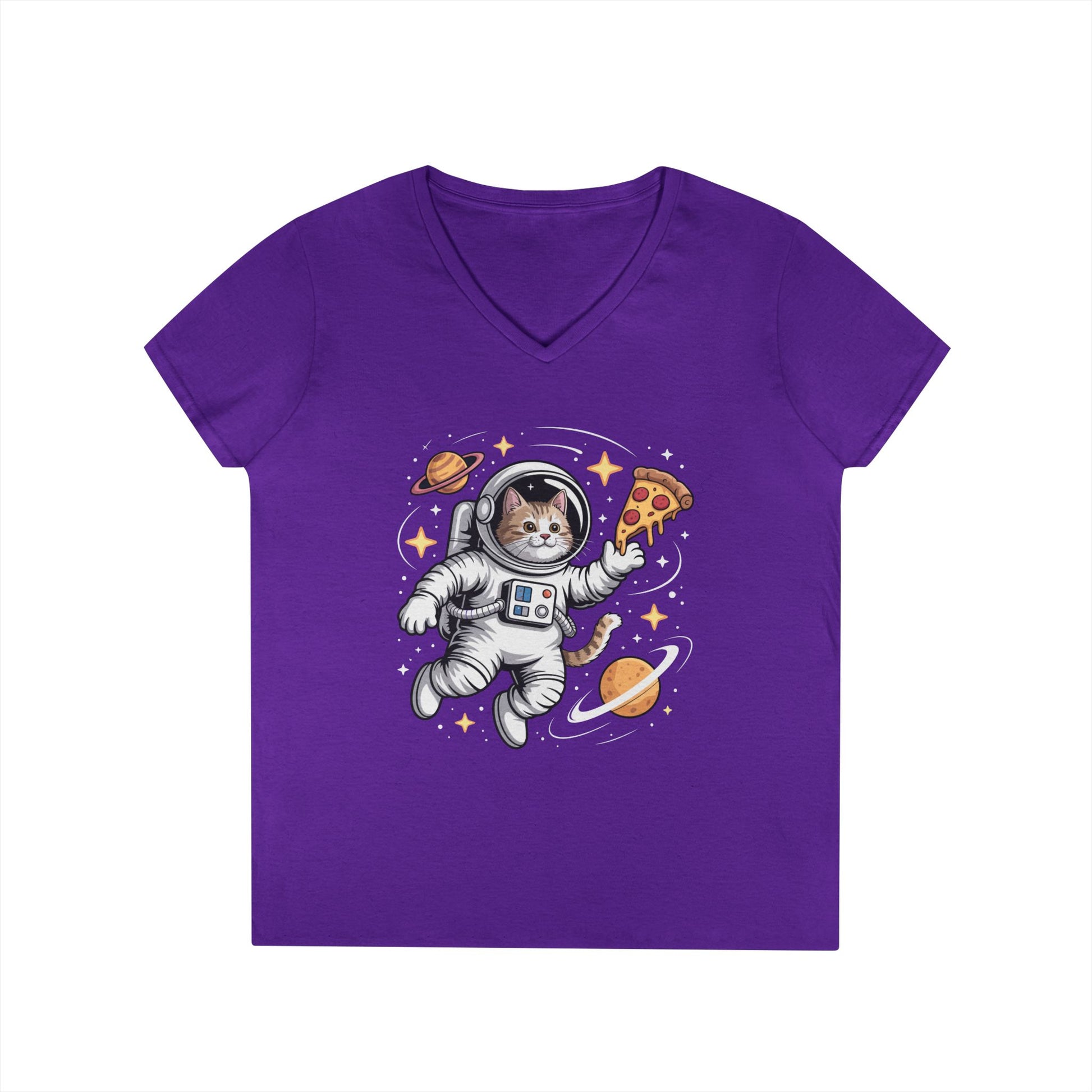 Astronaut Cat Pizza Space Vibes V-Neck T-Shirt for Women | TEEZOCA 
