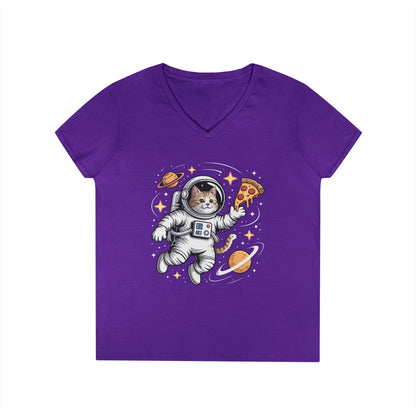 Astronaut Cat Pizza Space Vibes V-Neck T-Shirt for Women | TEEZOCA 