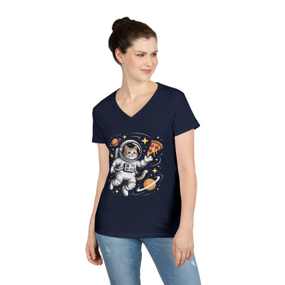 Astronaut Cat Pizza Space Vibes V-Neck T-Shirt for Women | TEEZOCA 