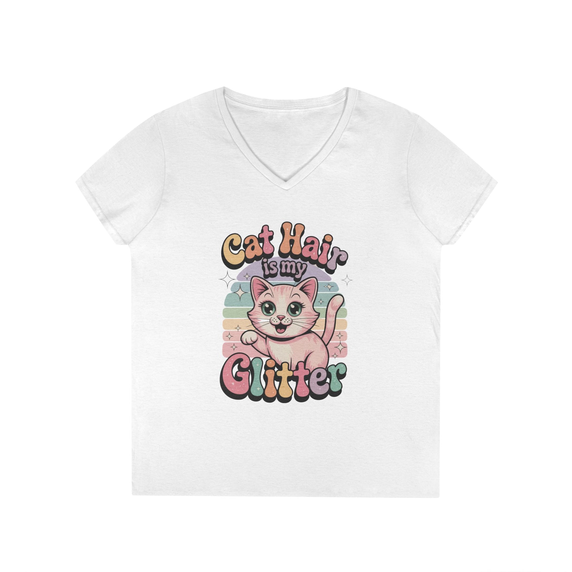 Cat Hair Is My Glitter V-Neck T-Shirt Cute Cat Lover Statement Tee | TEEZOCA 