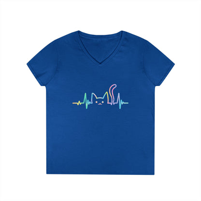 Cute Cat Heartbeat V-Neck T-Shirt Aesthetic Pet Lover Style Tee | TEEZOCA 
