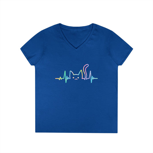 Cute Cat Heartbeat V-Neck T-Shirt Aesthetic Pet Lover Style Tee | TEEZOCA 