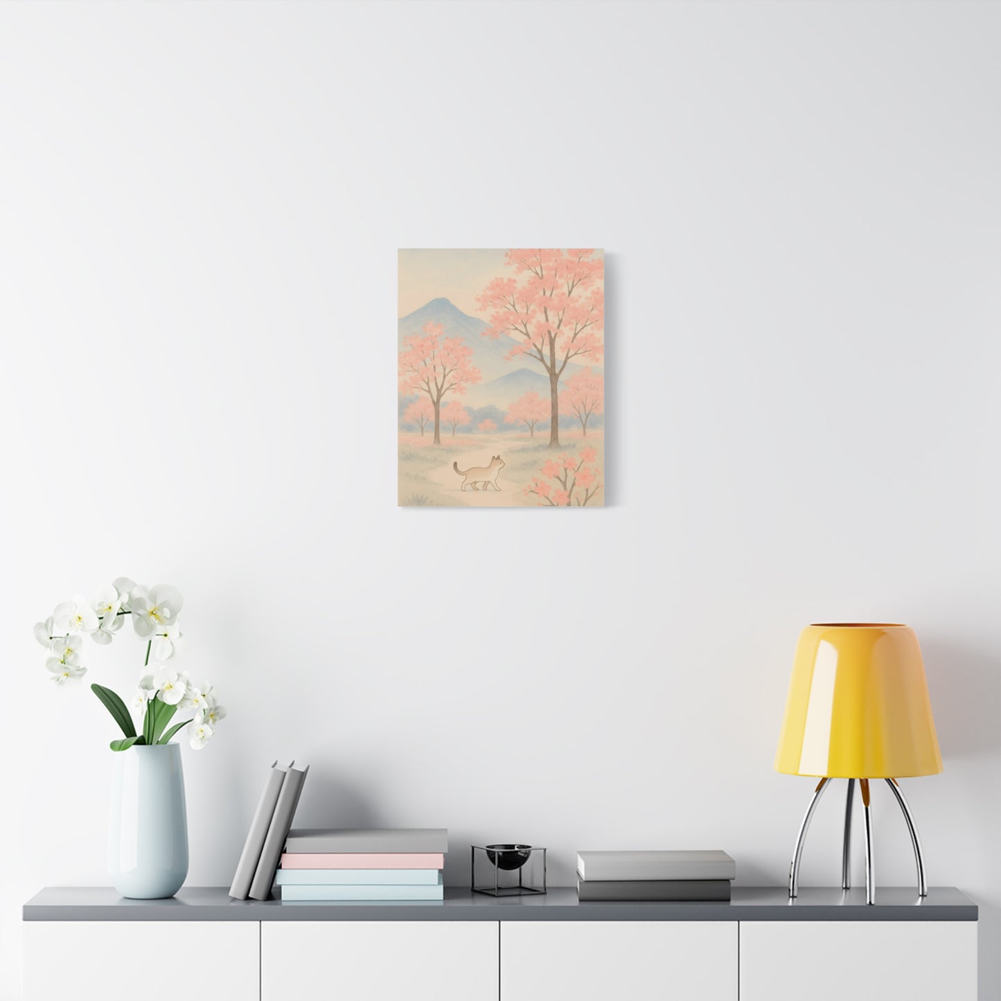 TEEZOCA cute cat under pink trees canvas featured in a clean Scandinavian style room.