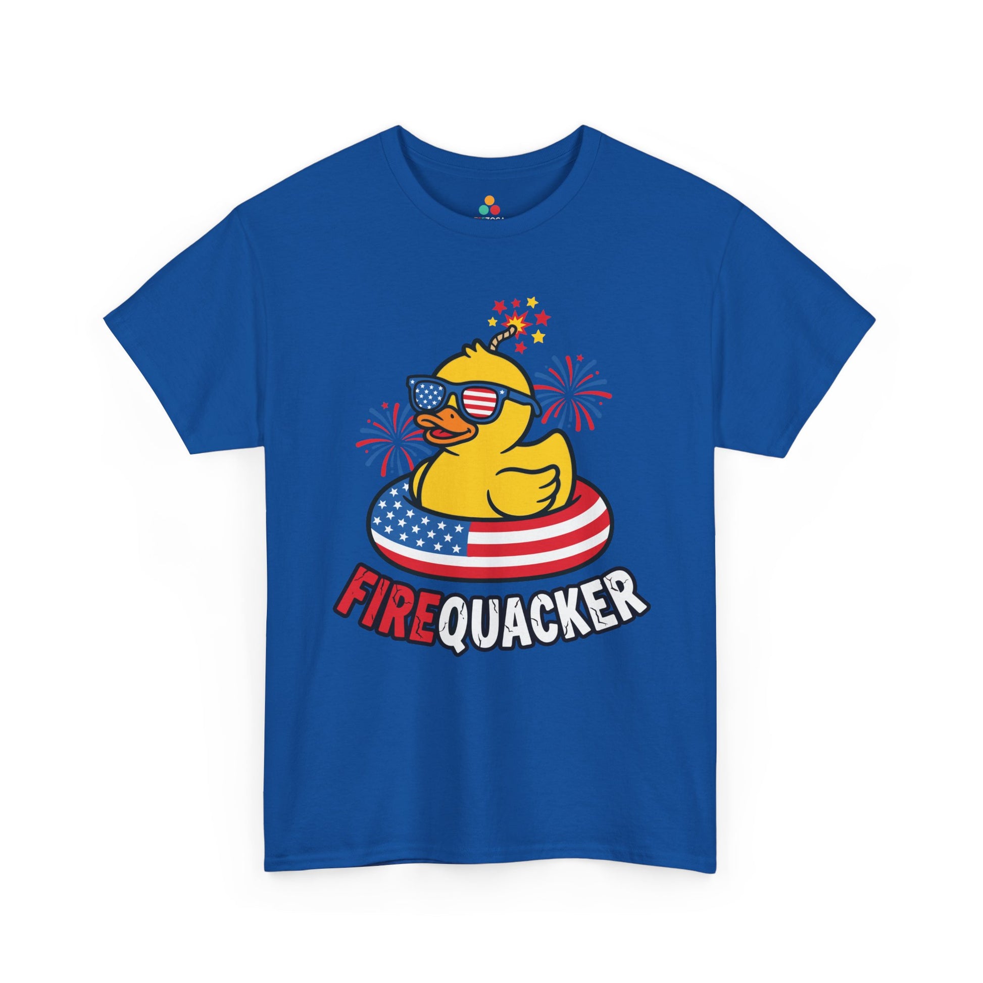 TEEZOCA cute duck shirt T-shirt for kids and pun lovers with patriotic fireworks and rubber duck 4th of July artwork.
