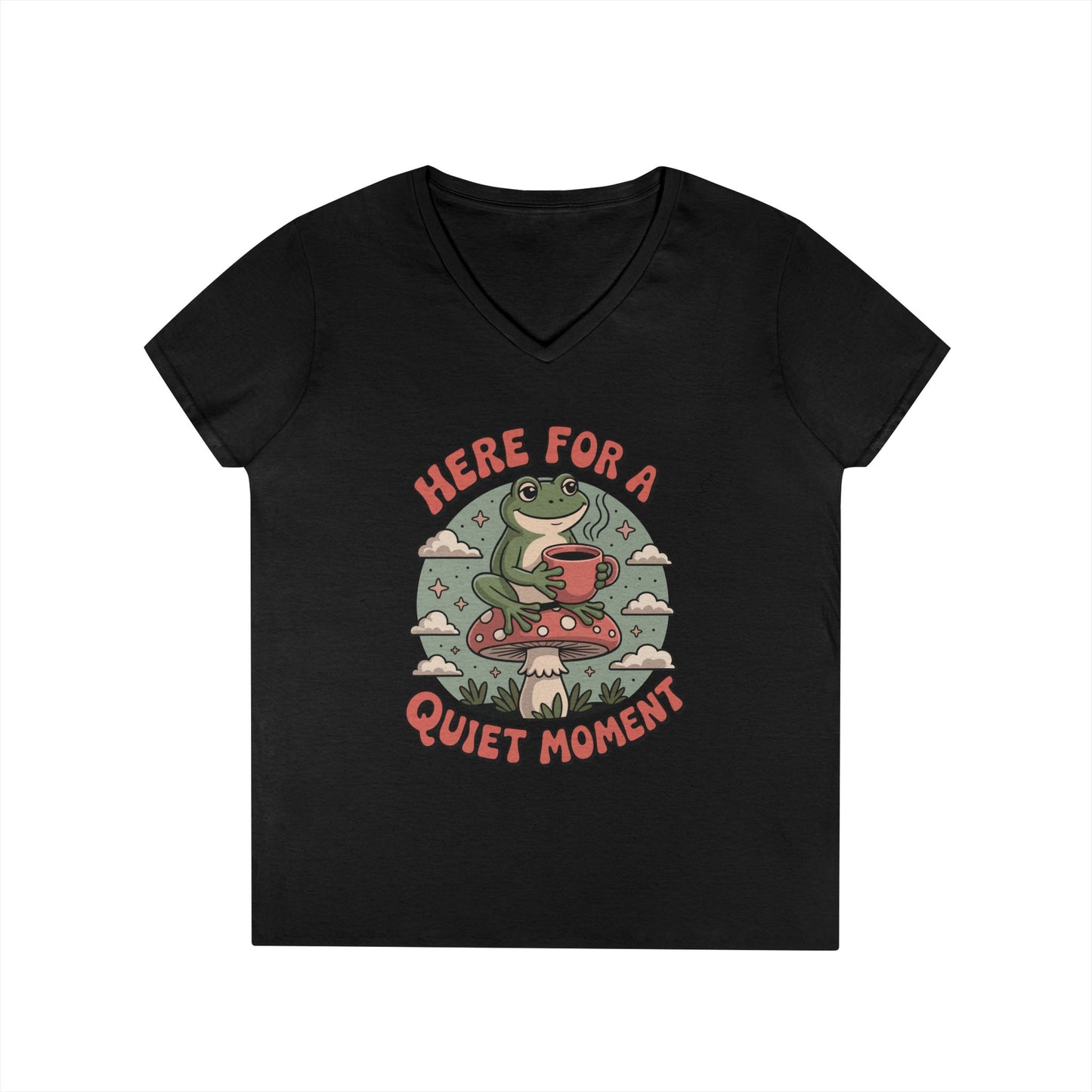Here for a Quiet Moment Frog Coffee Graphic V-Neck T-Shirt for Women | TEEZOCA 