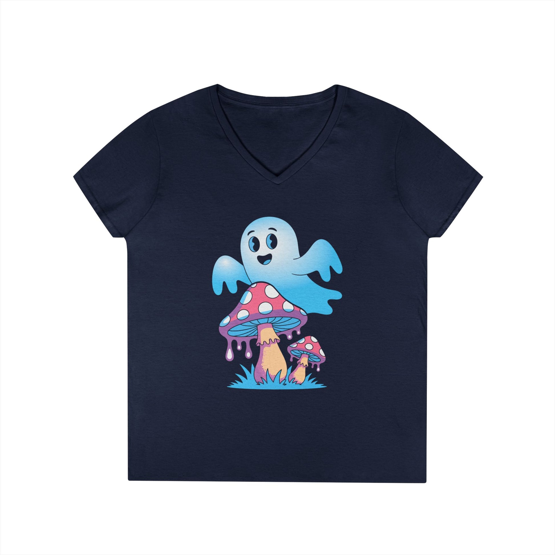 Cute Ghost Mushroom Art Ladies’ V-Neck T-Shirt Whimsical Fantasy Style | TEEZOCA 