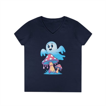 Cute Ghost Mushroom Art Ladies’ V-Neck T-Shirt Whimsical Fantasy Style | TEEZOCA 