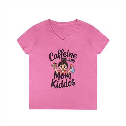 Caffeine and Mom Kiddos Life V-Neck T-Shirt for Busy Moms | TEEZOCA 