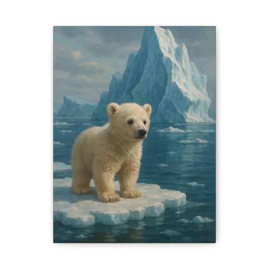 TEEZOCA cute polar bear cub canvas print shown flat with arctic iceberg background.