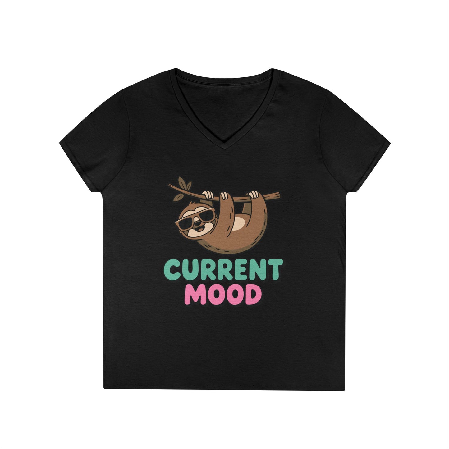 Cute Sloth Graphic V-Neck T-Shirt for Women with Chill Current Mood Vibes | TEEZOCA 