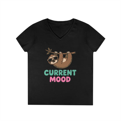 Cute Sloth Graphic V-Neck T-Shirt for Women with Chill Current Mood Vibes | TEEZOCA 