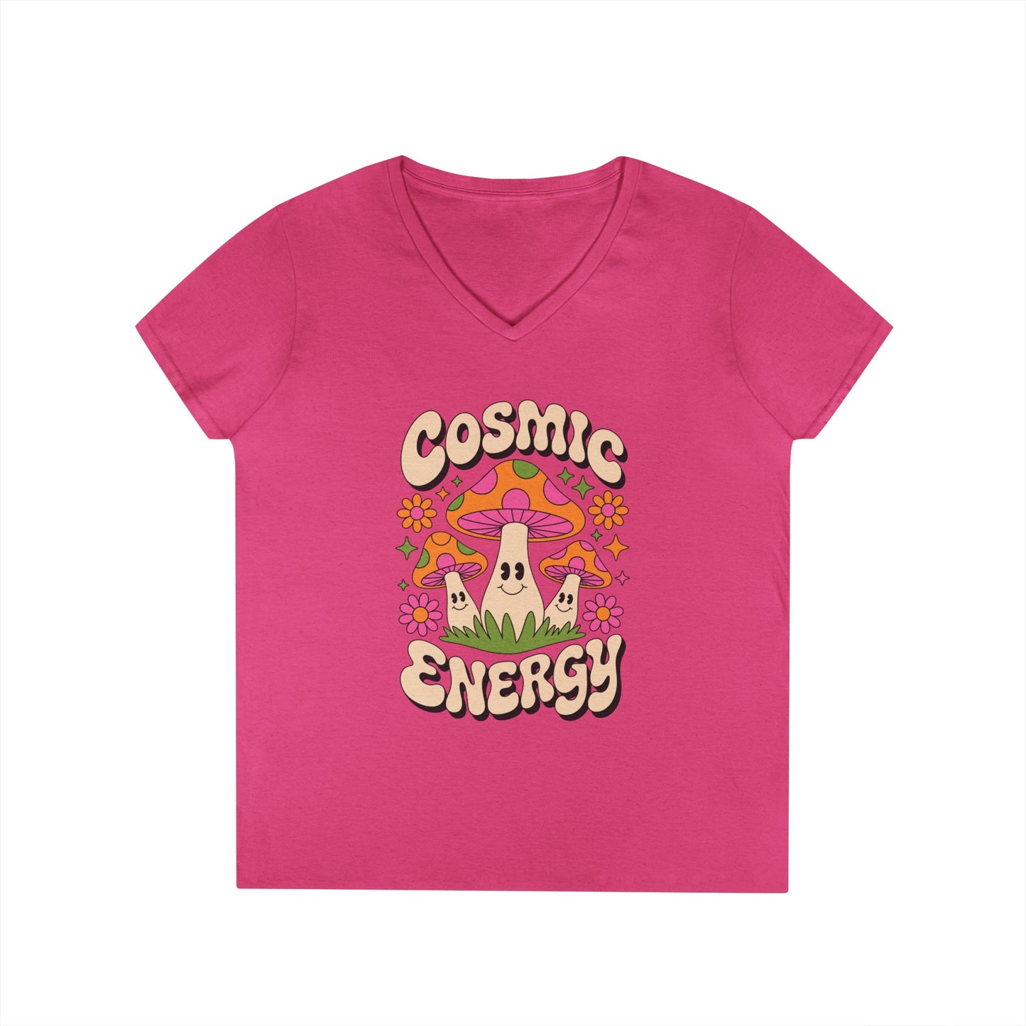 Cosmic Energy Happy Mushroom Graphic V-Neck T-Shirt for Women | TEEZOCA 
