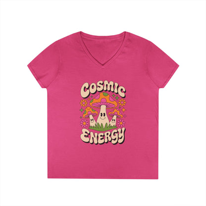 Cosmic Energy Happy Mushroom Graphic V-Neck T-Shirt for Women | TEEZOCA 