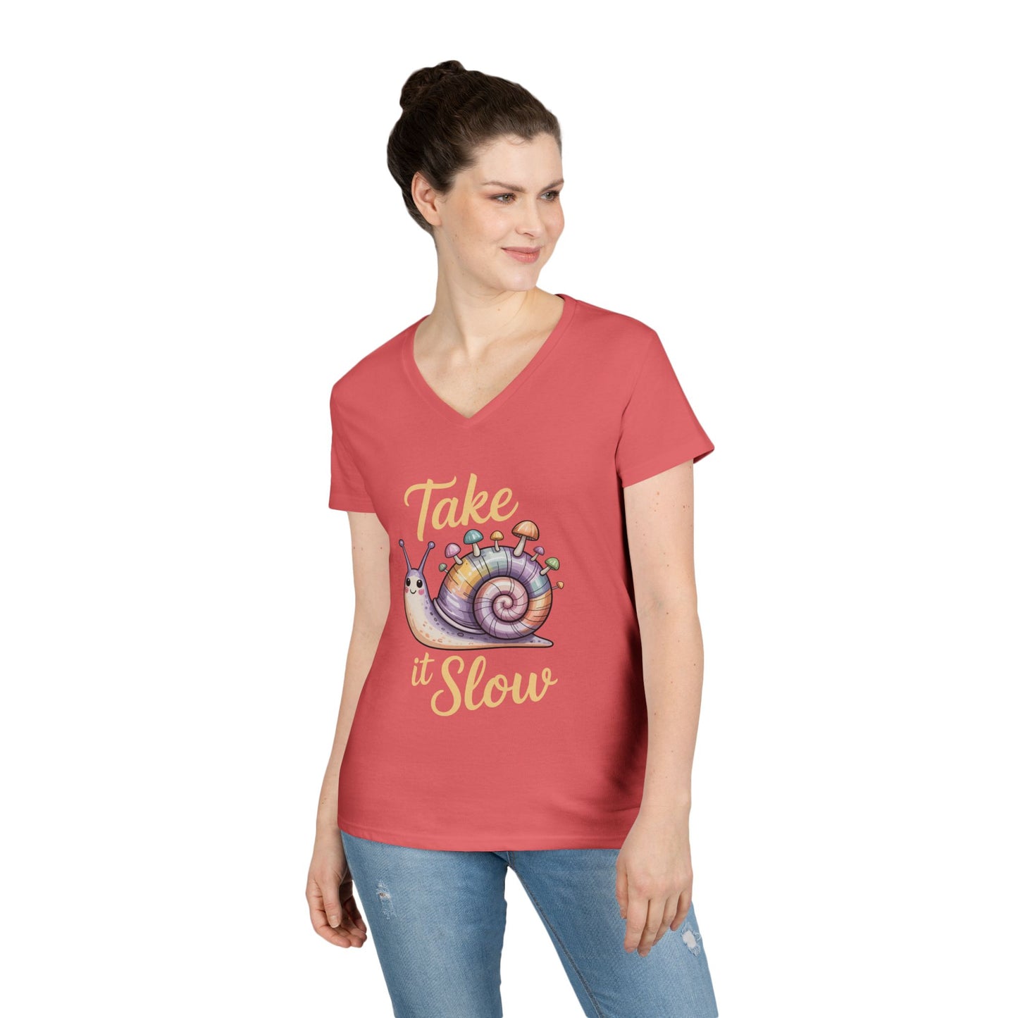 Take It Slow Cute Snail Art V-Neck T-Shirt Relaxed Aesthetic Style | TEEZOCA 