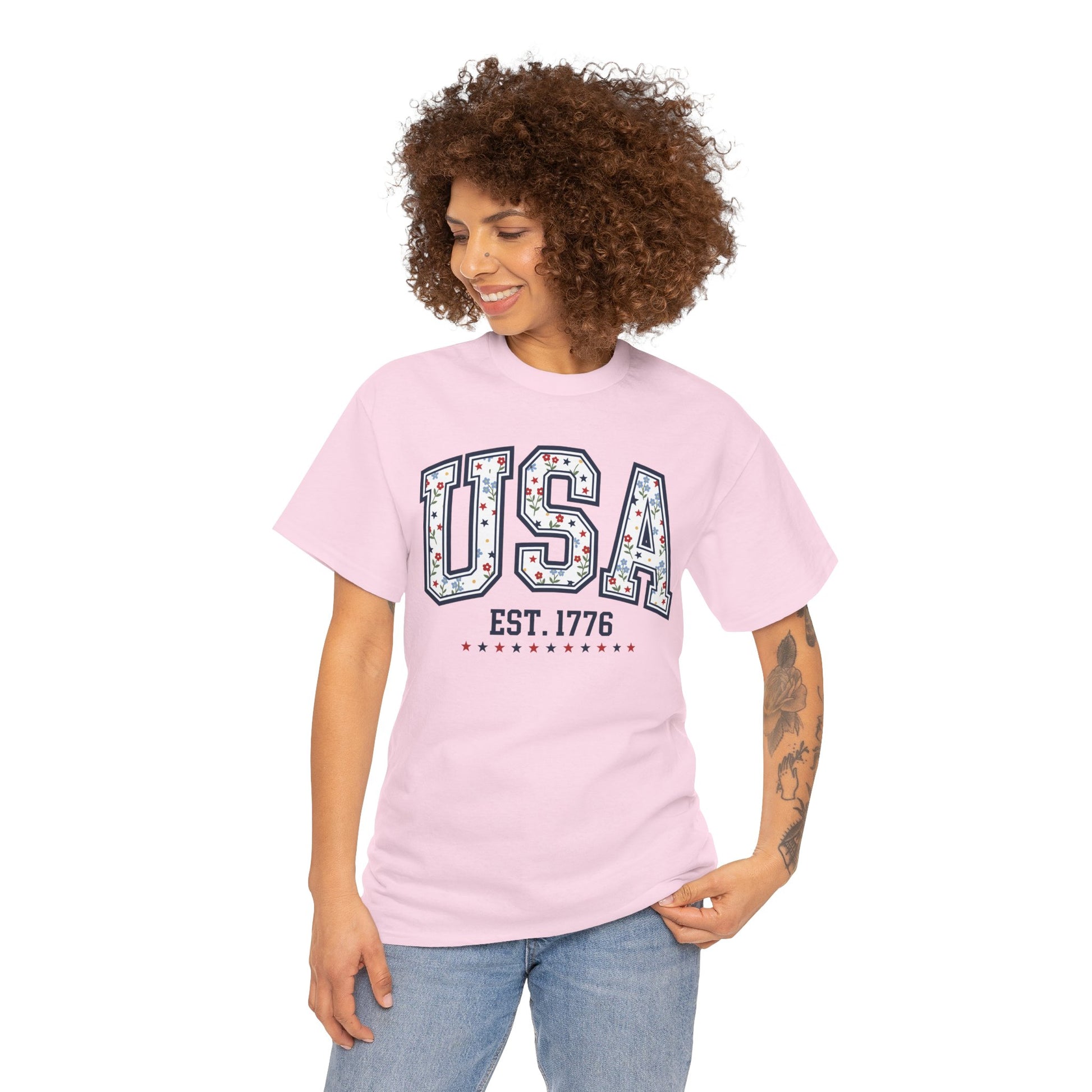 TEEZOCA cute usa shirt t-shirt featuring collegiate USA lettering filled with flowers, stars, leafy stems, and July 4 style.
