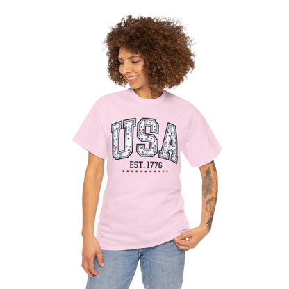 TEEZOCA cute usa shirt t-shirt featuring collegiate USA lettering filled with flowers, stars, leafy stems, and July 4 style.
