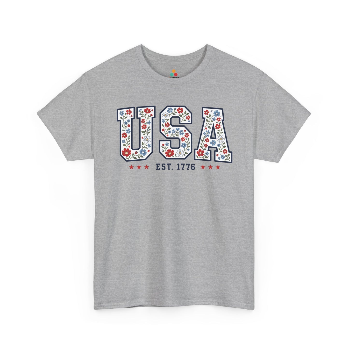 TEEZOCA cute usa shirt t-shirt showing oversized USA floral letters, red white and blue accents, and feminine patriotic style.
