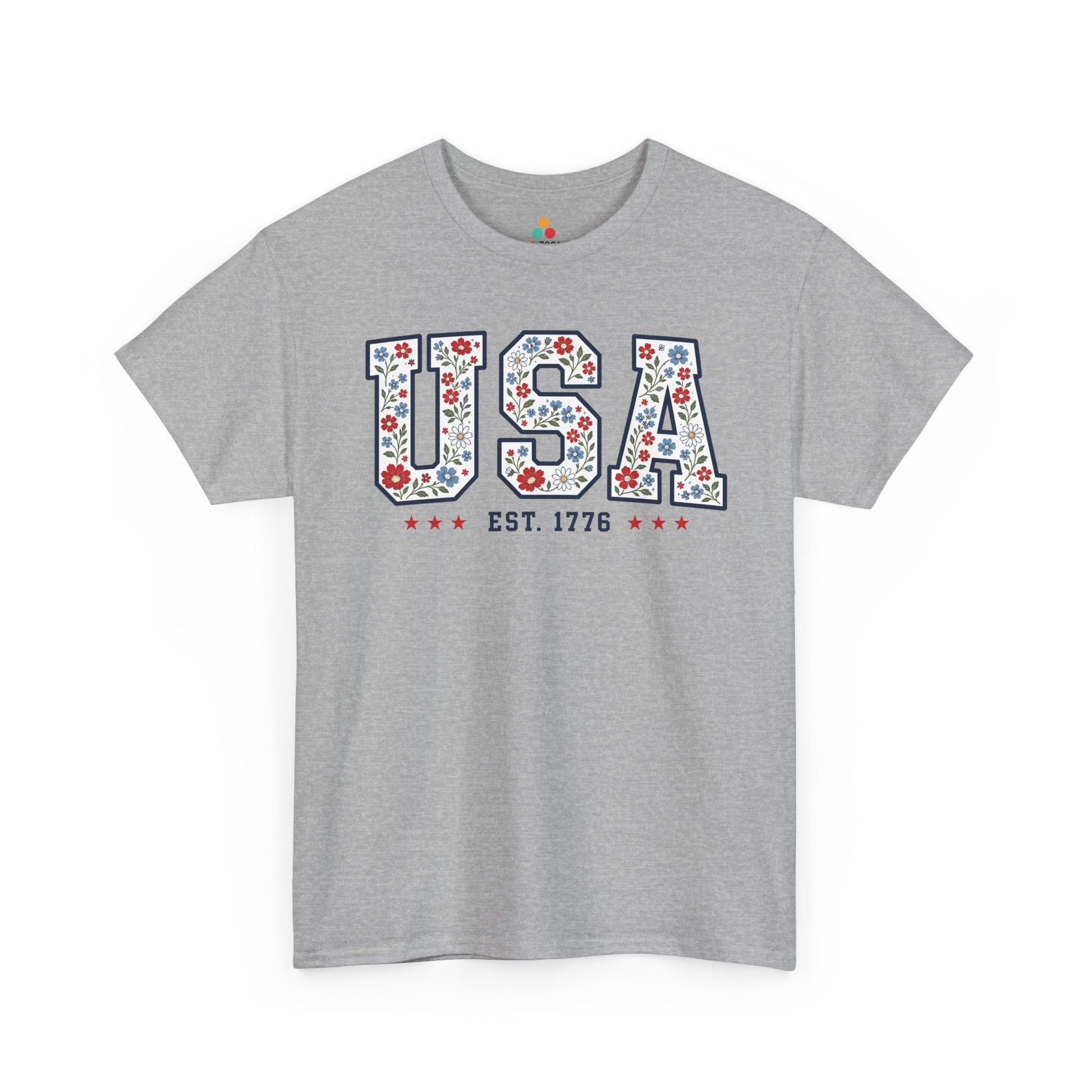 TEEZOCA cute usa shirt t-shirt showing oversized USA floral letters, red white and blue accents, and feminine patriotic style.
