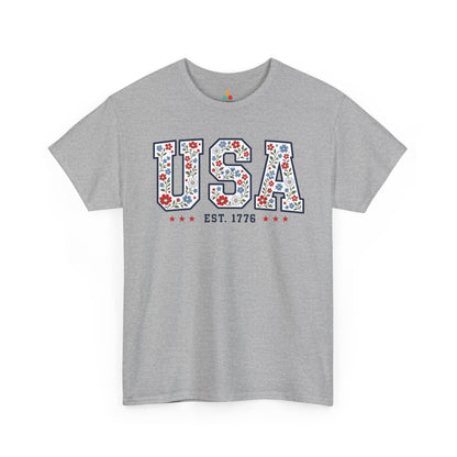 TEEZOCA cute usa shirt t-shirt showing oversized USA floral letters, red white and blue accents, and feminine patriotic style.
