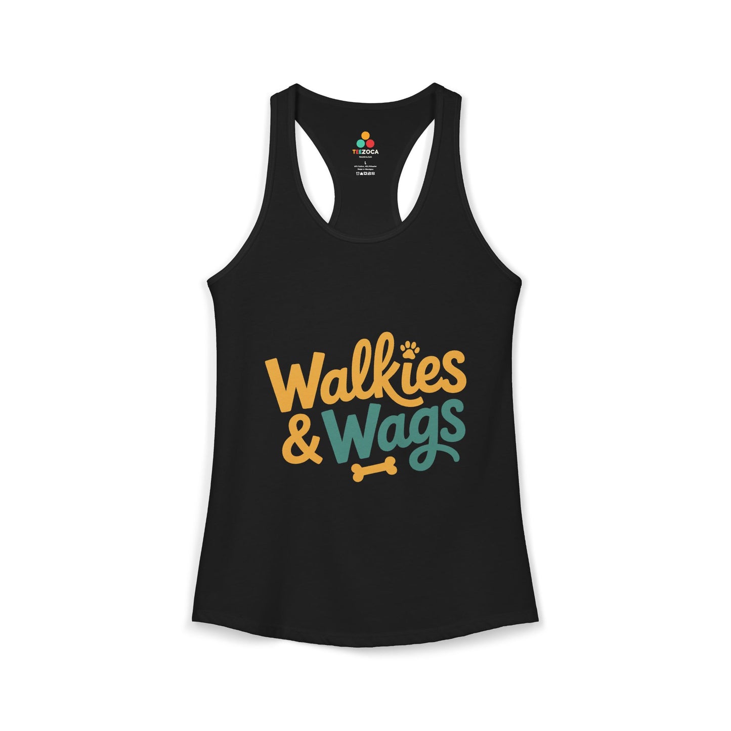 TEEZOCA cute walkies and wags women’s tank top for dog lovers Black tank top with 'Walkies & Wags' text on a white background
