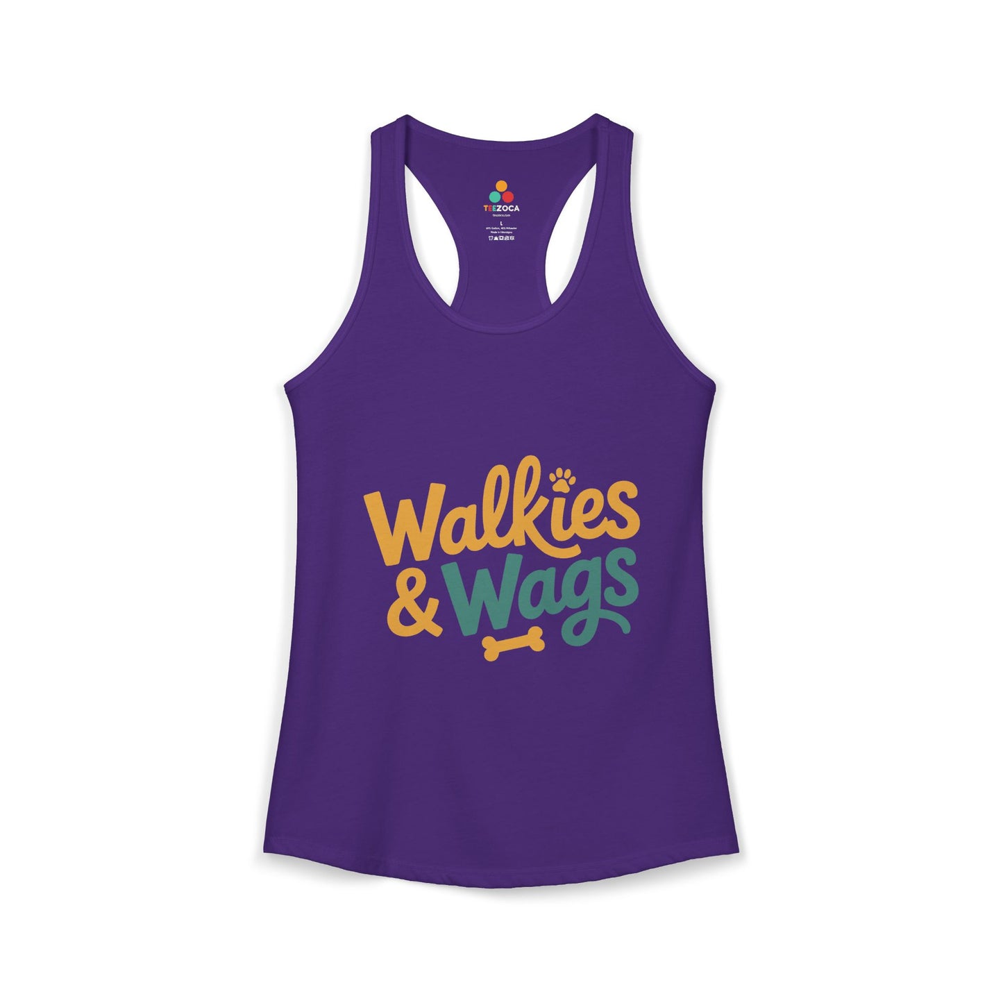 TEEZOCA cute walkies and wags women’s tank top for dog lovers Purple tank top with 'Walkies & Wags' text on a white background