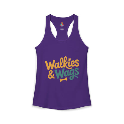 TEEZOCA cute walkies and wags women’s tank top for dog lovers Purple tank top with 'Walkies & Wags' text on a white background