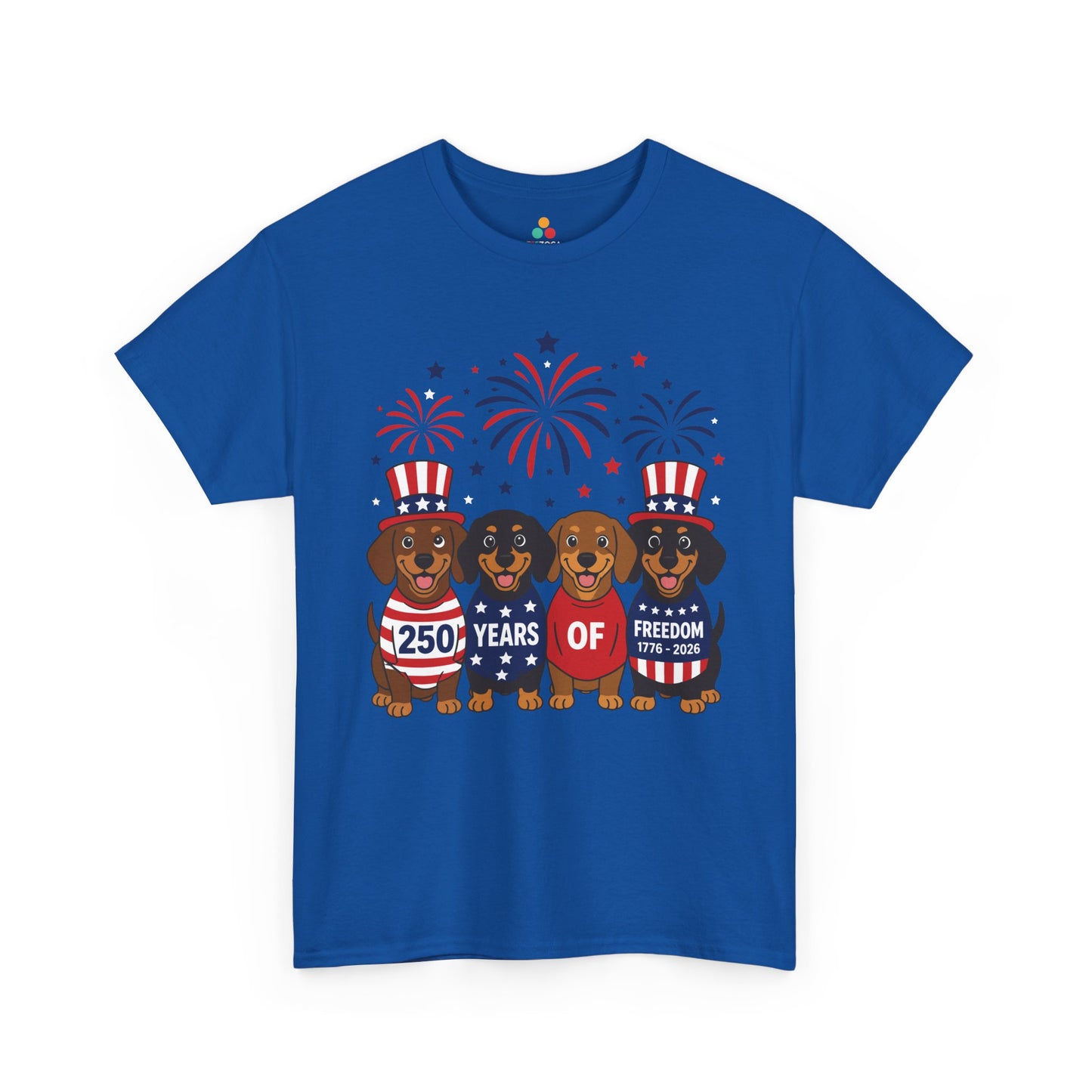 TEEZOCA dachshund gift T-shirt for wiener dog lovers with four patriotic dachshunds and Independence Day charm.
