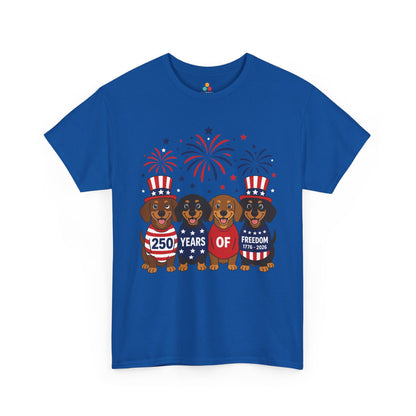 TEEZOCA dachshund gift T-shirt for wiener dog lovers with four patriotic dachshunds and Independence Day charm.
