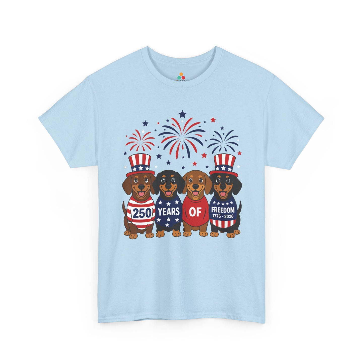 TEEZOCA dachshund patriotic shirt t-shirt showing four happy pups in red, navy, and striped holiday outfits.
