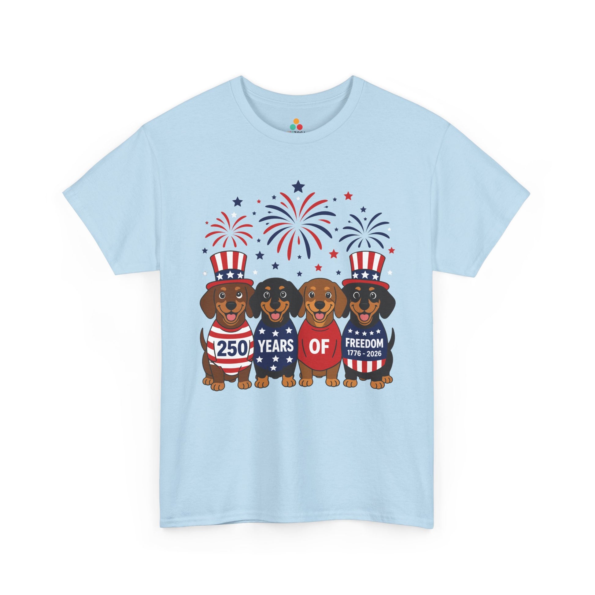 TEEZOCA dachshund patriotic shirt t-shirt showing four happy pups in red, navy, and striped holiday outfits.
