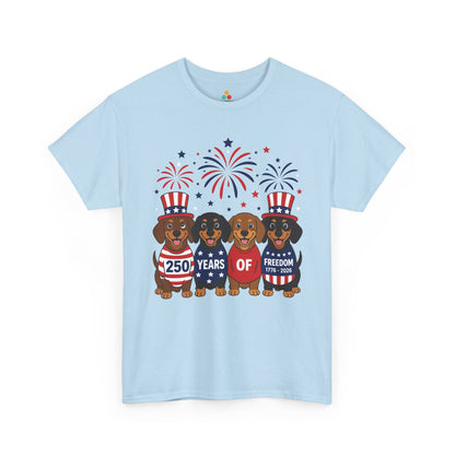 TEEZOCA dachshund patriotic shirt t-shirt showing four happy pups in red, navy, and striped holiday outfits.
