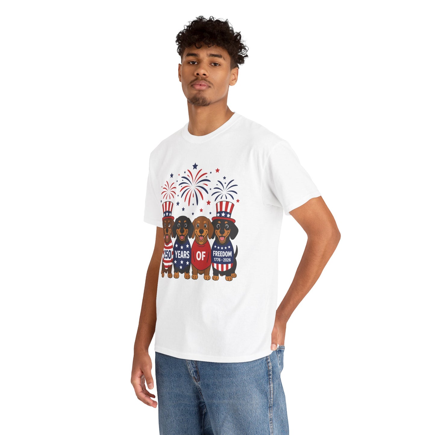 TEEZOCA dachshund shirt T-shirt with four patriotic wiener dogs, Uncle Sam hats, fireworks, and 250 years of freedom text.
