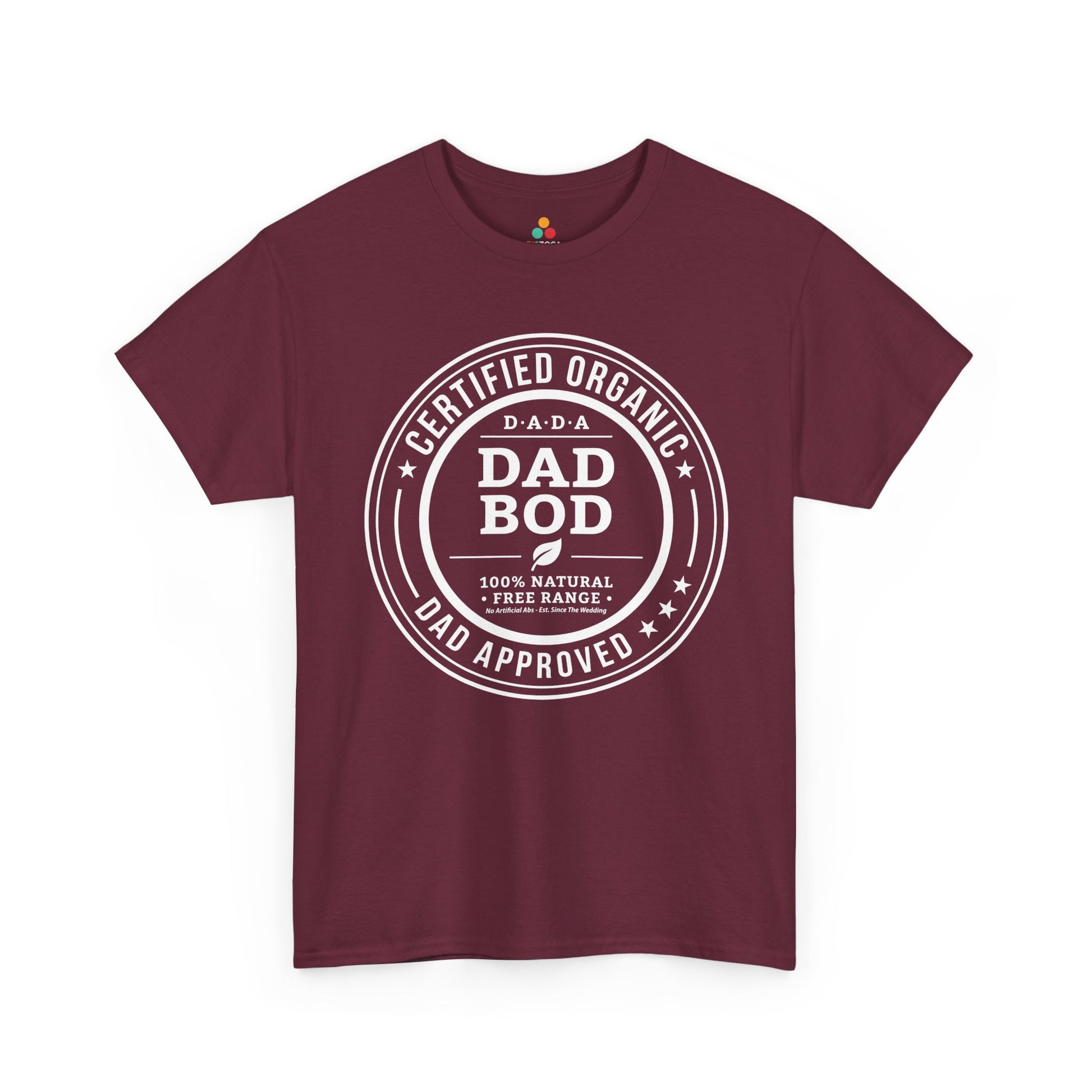 TEEZOCA dad bod shirt Unisex T-shirt with certified organic badge and No Artificial Abs joke.
