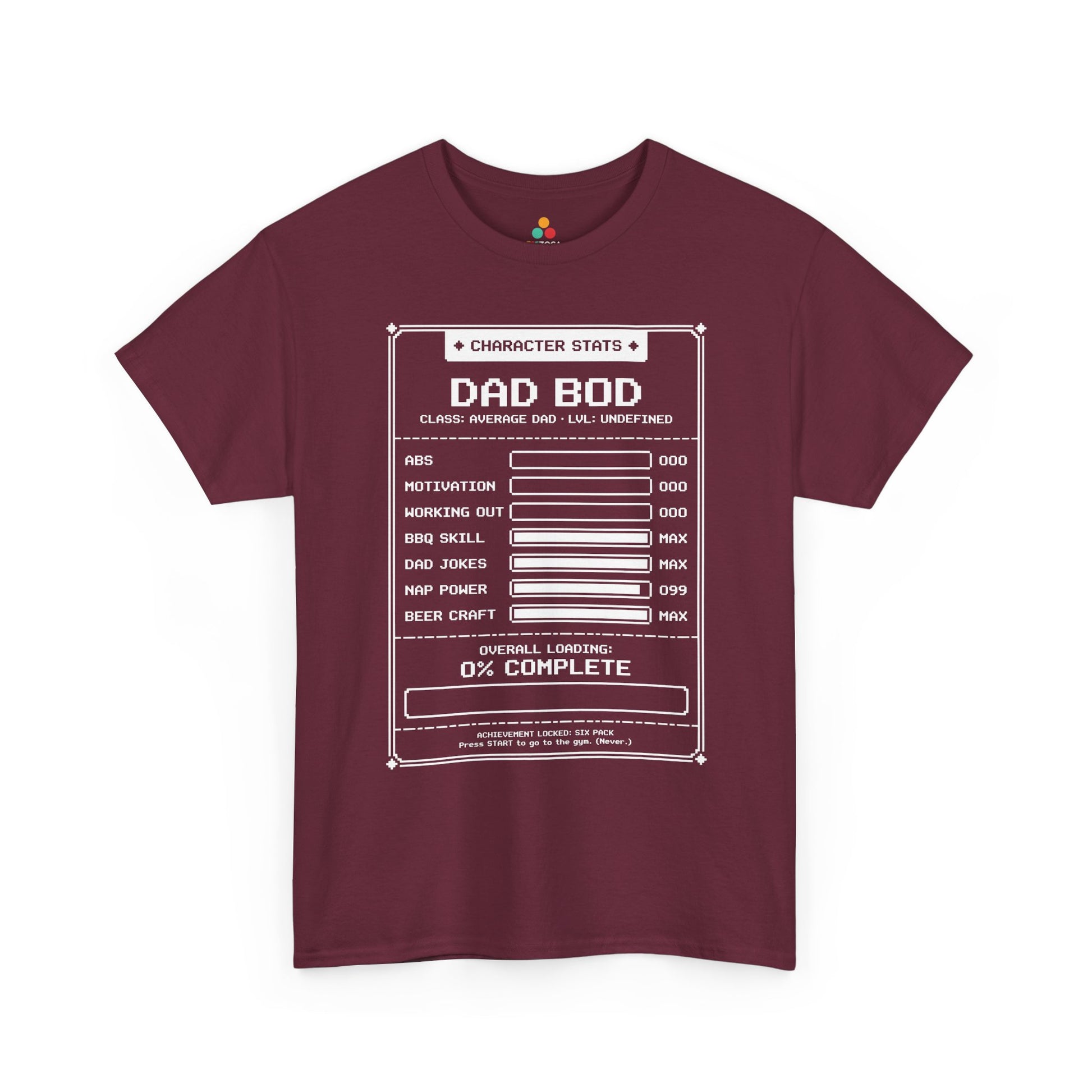 TEEZOCA dad bod shirt Unisex T-shirt with funny RPG stat screen and Dad Bod Loading gamer joke.
