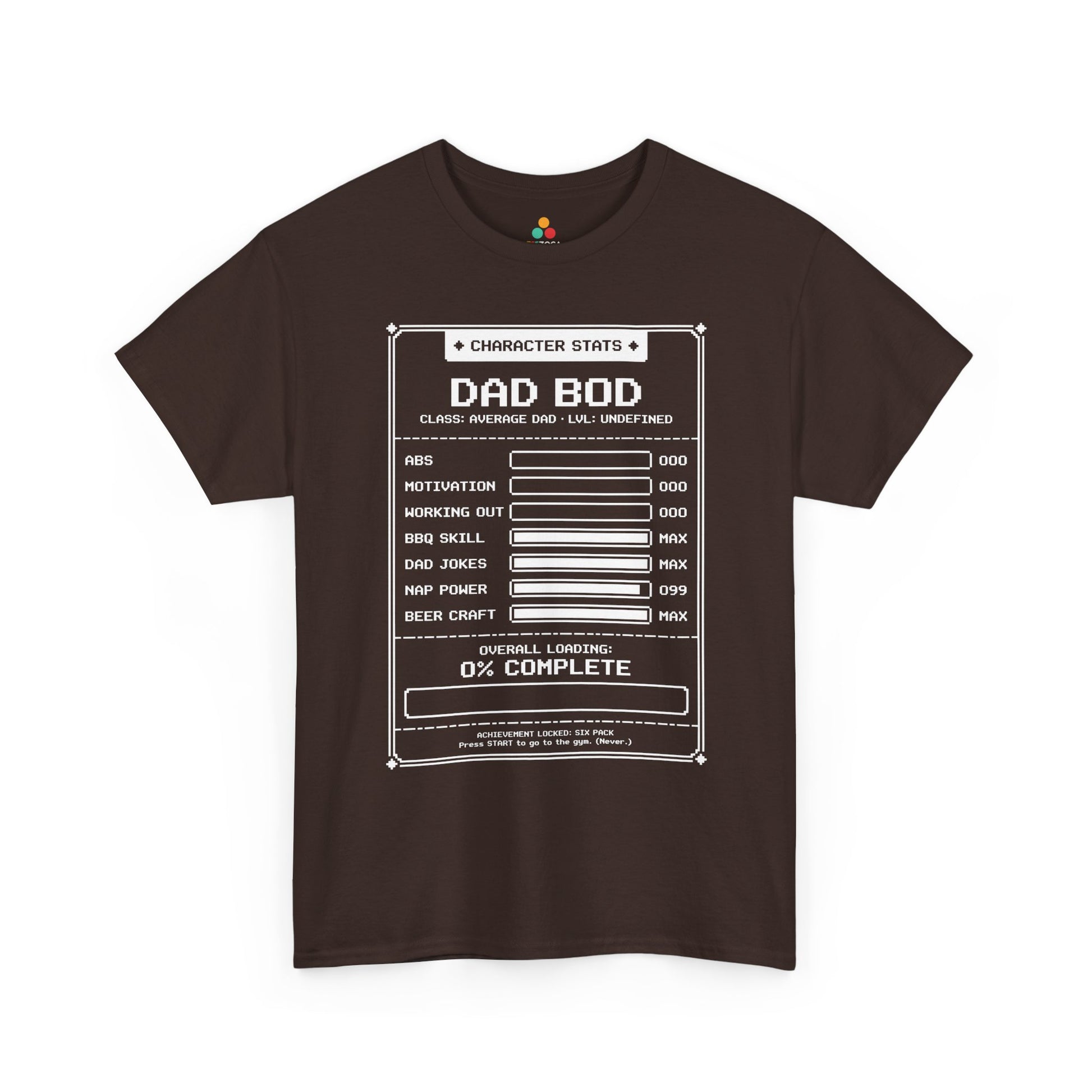 TEEZOCA dad bod shirt t-shirt featuring 0 percent complete dad bod humor for gamer dads.
