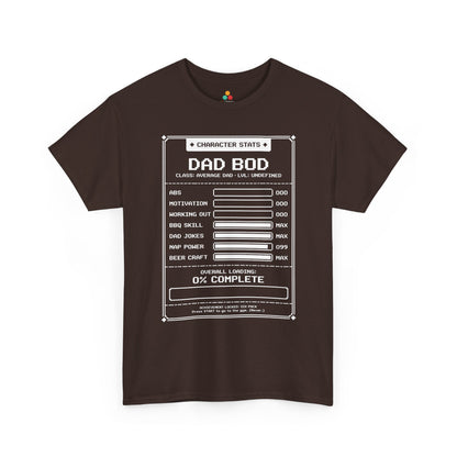 TEEZOCA dad bod shirt t-shirt featuring 0 percent complete dad bod humor for gamer dads.

